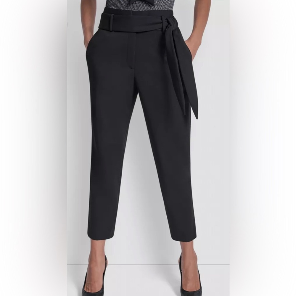 DKNY Women's Tie-Waist High-Rise Straight-Fit Pants Black size 14
